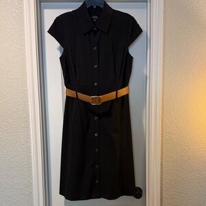 Cap Sleeve Black Button-Front Midi Dress with Tan Belt